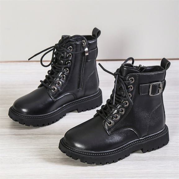 Ulitacool Toddler Girls Boots Ankle Boots With Buckle Lace Up And Side Zipper For Autumn Winter Durable Leather Upper Sole Trend Basic Shoes 11-12 Years Black