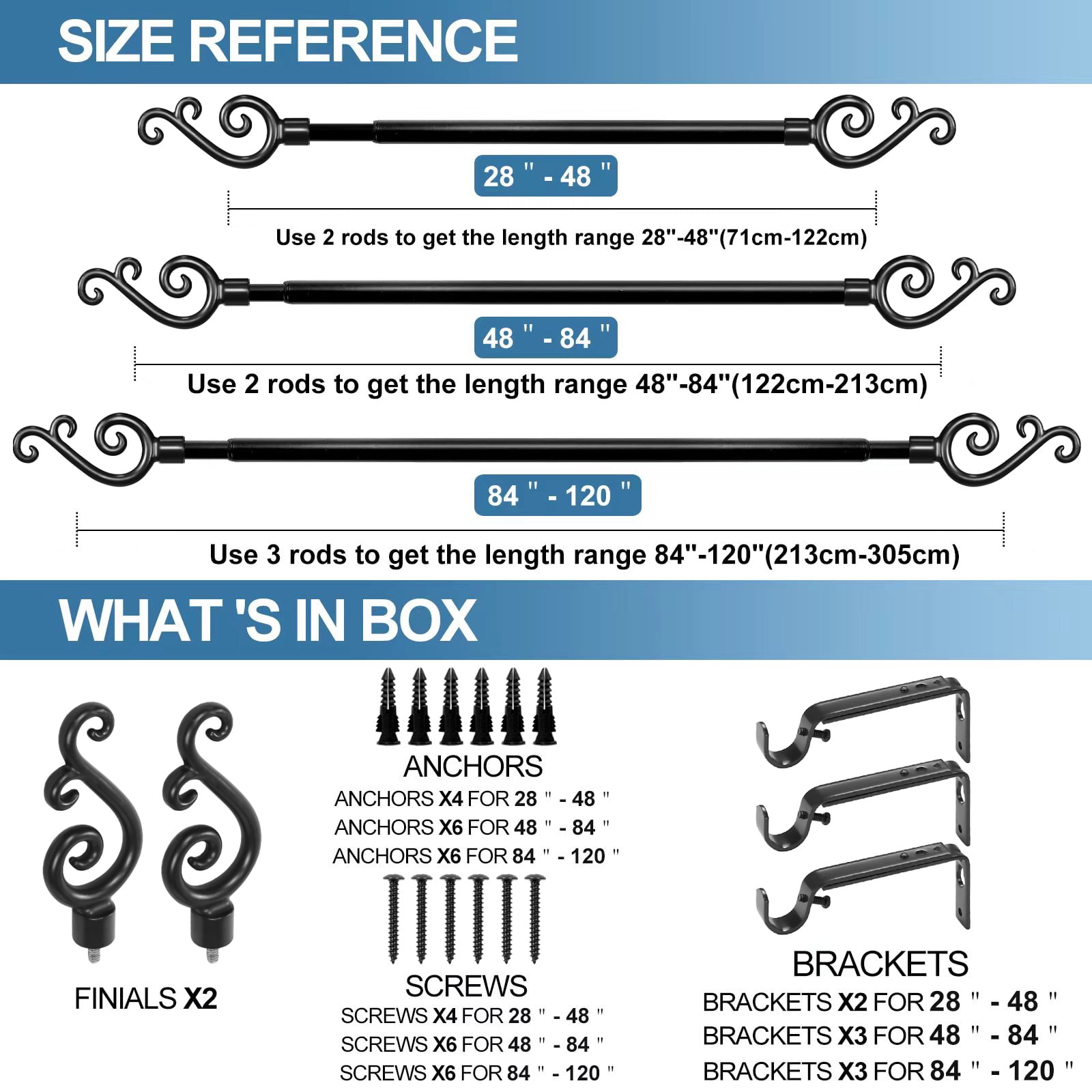 Urbanest Scroll Designer Single Curtain Rod – Decorative Metal Finials, 5/8" Diamter Drapery Hardware Set Window Treatments, 84" to 120", Matte Black