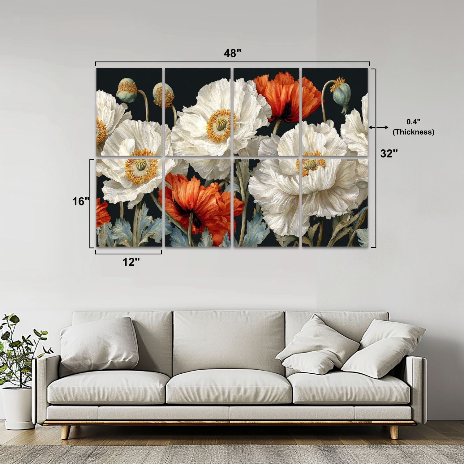 8 Pack Art Acoustic Panels Sound Absorbing Boho Flower Botanical Orange Wall Decor Flowers White Blossoms Orange Decorative Soundproof Wall Panels Self Adhesive for Nursery Game Room Bedroom 48"x32"