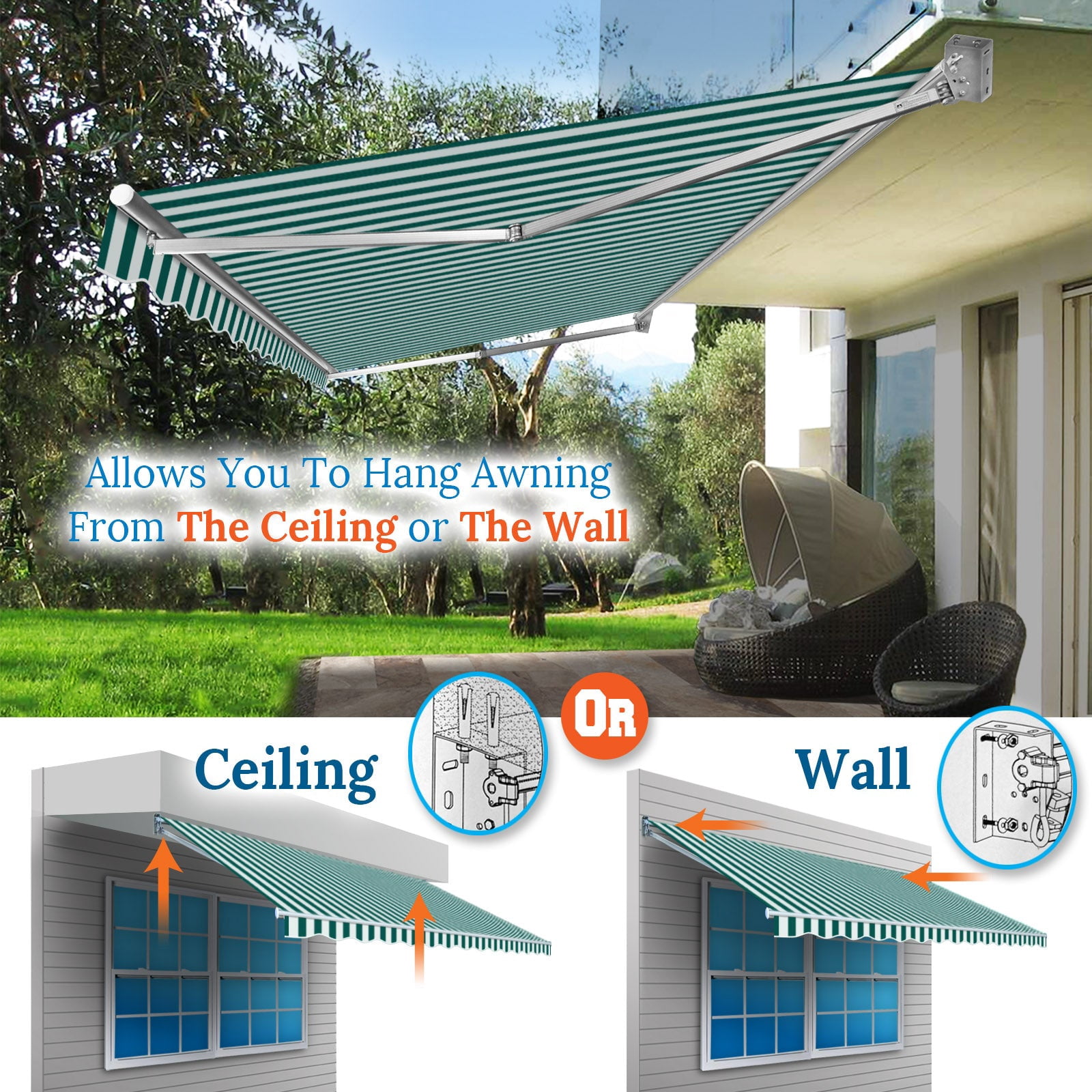SUNRISEUMBRELLA Outdoor Patio Awning Retractable Awning Sun Shade Manual Patio Deck Awning (12'x8',Green with white)