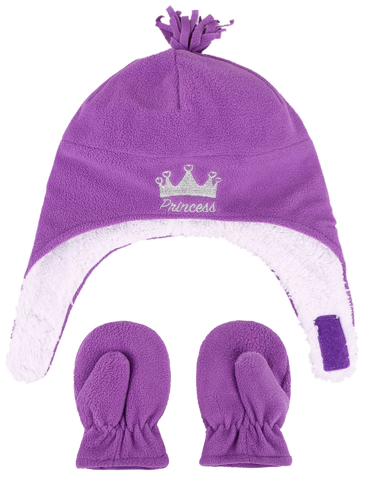 Kids Girls Sherps Lined Embroidered Fleece Hat Mitten Set