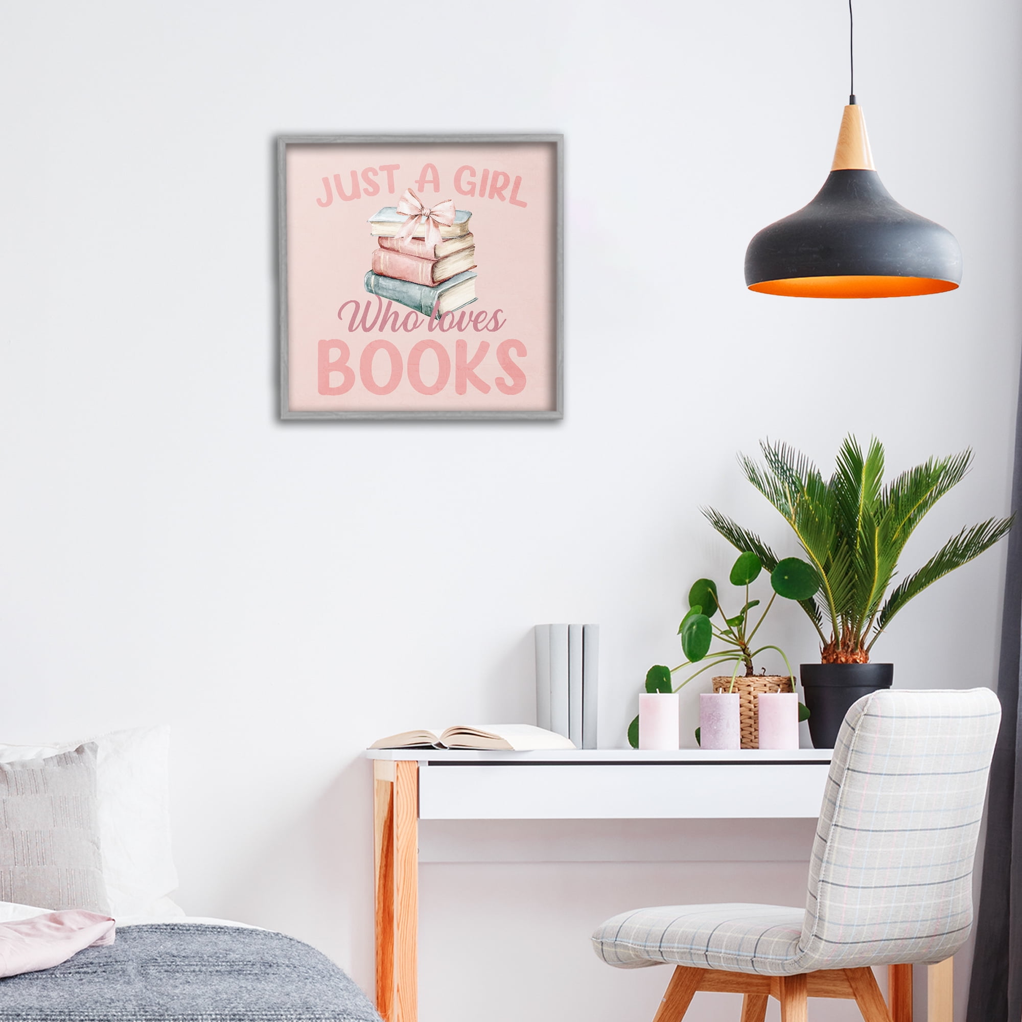 Reader Girl Who Loves Books Gray Framed Giclee Art, design by Kim Allen