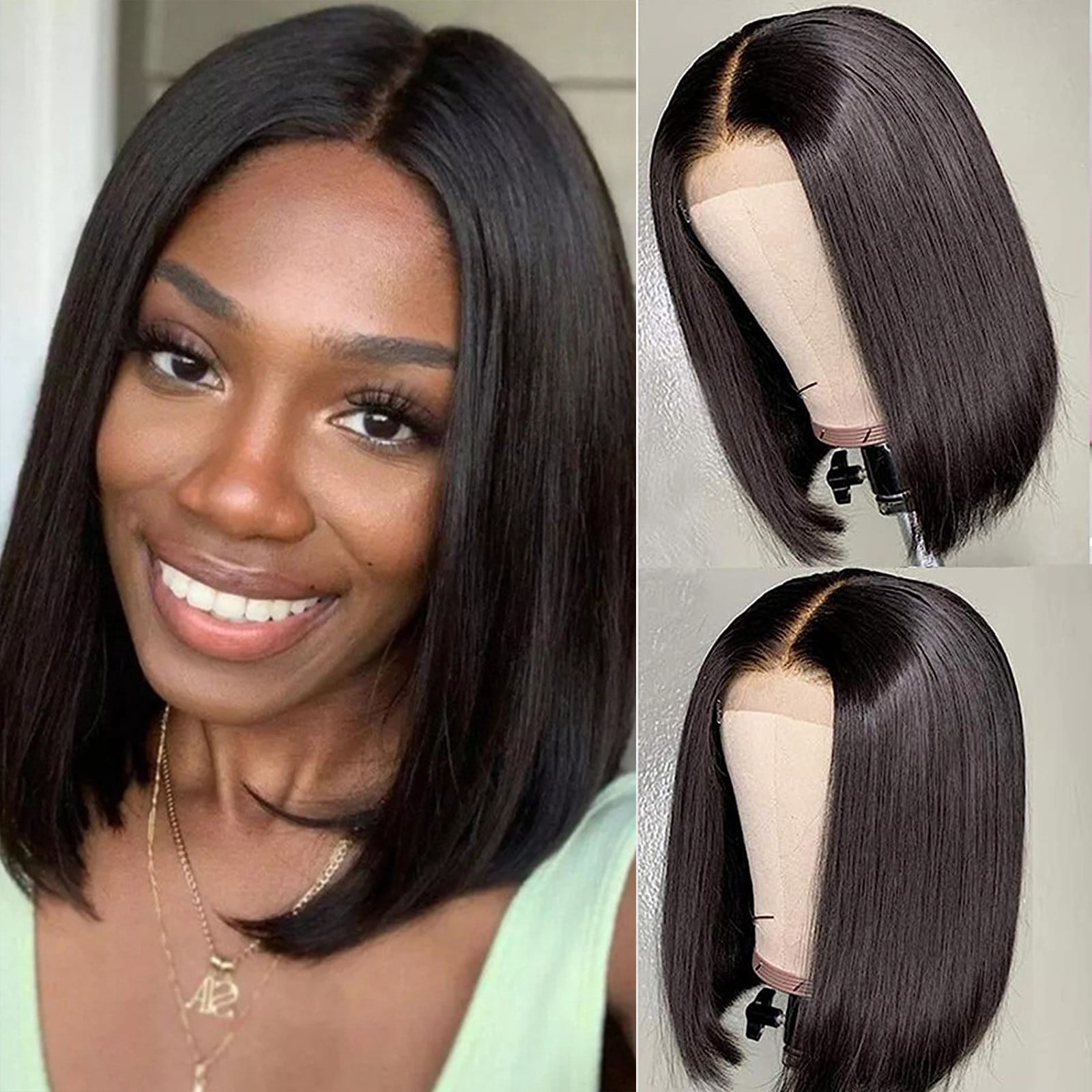 Ombre Blonde Bob Wig for Women, Short Straight Synthetic Wig Natural Looking Lace Front Style Wig for Daily Party(Black-1,One Size)