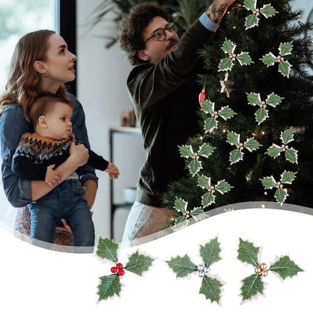 Ramas Navideñas Decorativas, 20 Hojas Artificiales de Frutos Rojos, Miniadornos Vibrantes para Árbol, Decoración para Bodas y Fiestas, Ideal para Celebraciones Navideñas, Tamaño 13 X 13 Cm