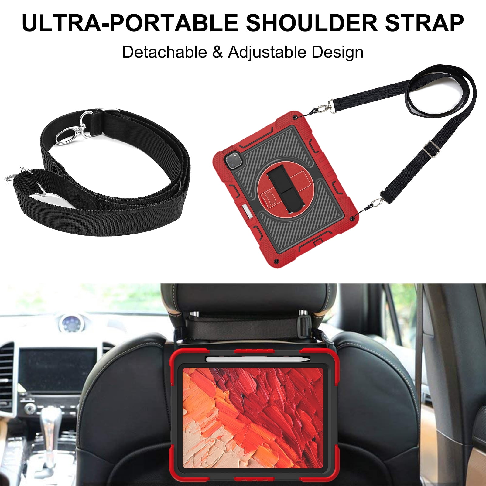 ELEHOLD 3-Layer Shockproof Case For iPad 8th/7th Generation, Rugged Cover with 360° Rotating Kickstand, Wrist Strap, Detachable Shoulder Strap, Pencil Holder, Red+Black