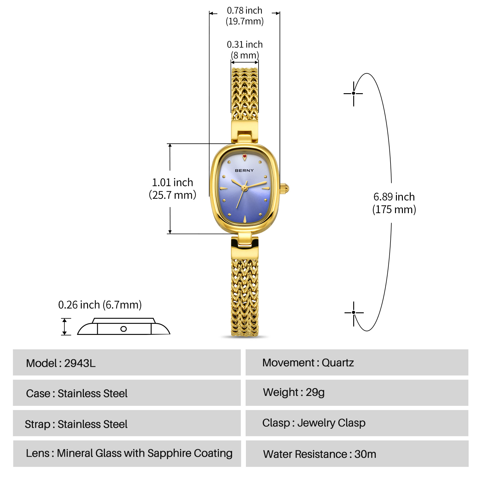 BERNY Small Gold Watches for Women, Dainty Oval Analog Quartz Bracelet Watch, Stainless Steel, Waterproof, Minimalist Luxury Ladies Watches Gifts (Blue)
