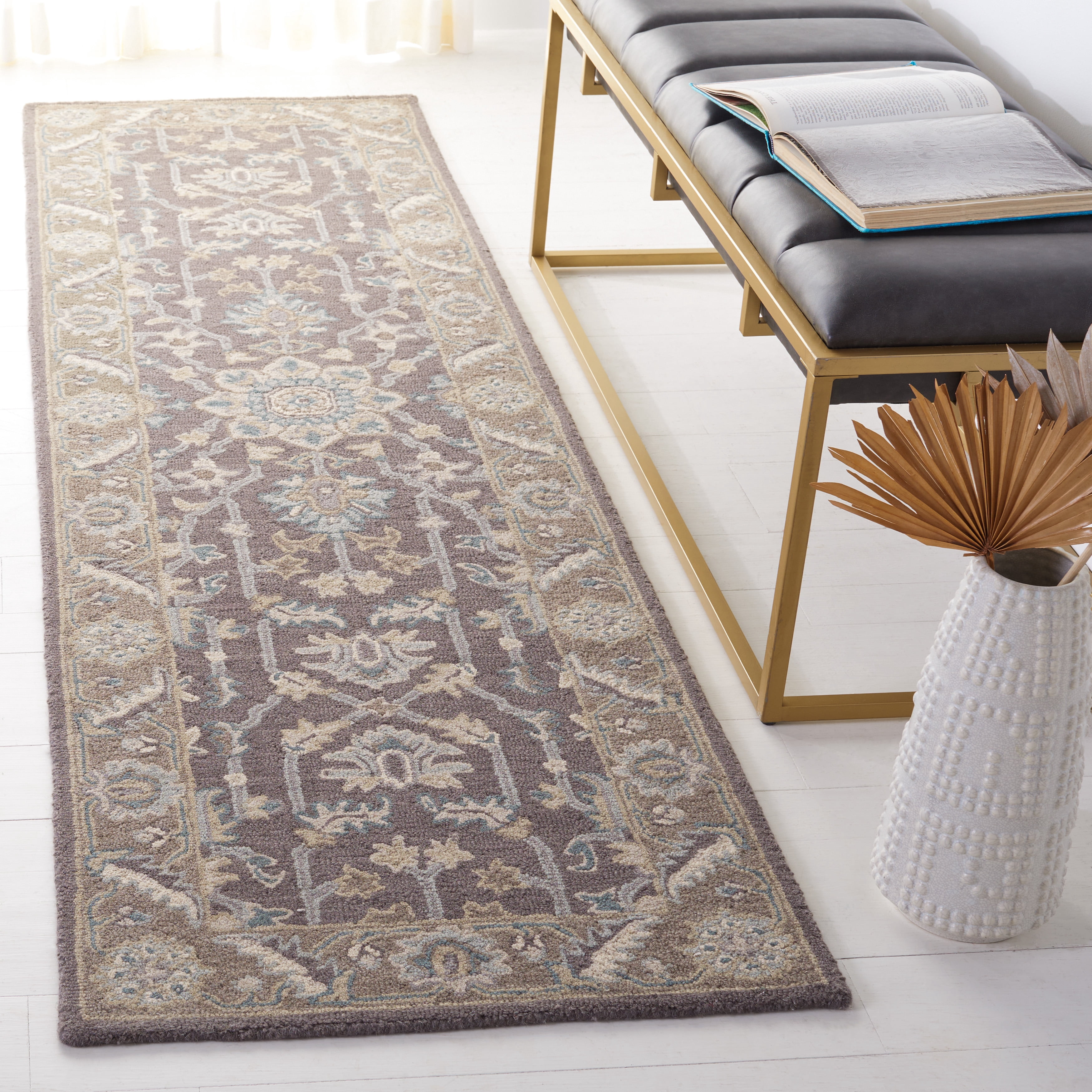 SAFAVIEH Blossom Shevon Oriental Wool Runner Rug, Dark Grey/Light Brown, 2'3" x 14'