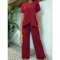thumbnail image 3 of Womens Summer 2 Piece Outfits Short Sleeve Casual Round Neck Wide Leg Long Pants Suit Set Wine Red XXL, 3 of 5