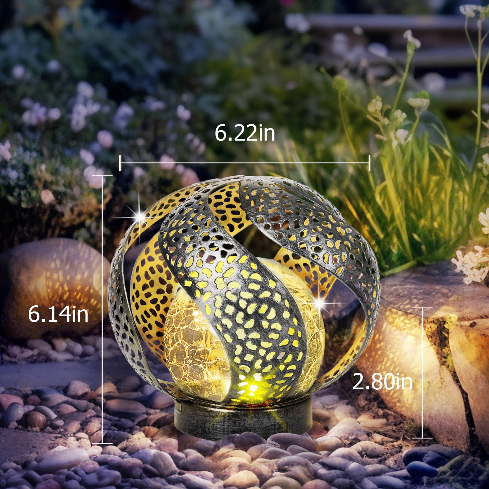 Waitmin Solar Waterproof  Lights Outdoor Garden Decor, Silvery Metal Decorative with Crackle Glass Globe,   Decorative Yard Art Lawn