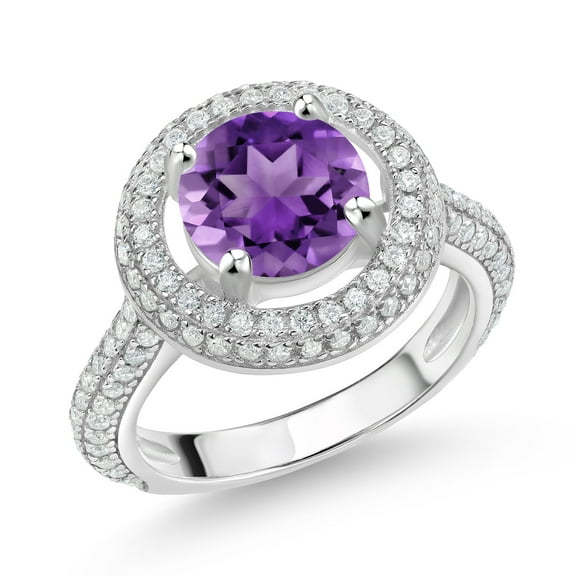 Gem Stone King 925 Sterling Silver Round Purple Amethyst and White Moissanite Women Engagement Ring (2.37 Cttw, Gemstone Birthstone, Size 8)