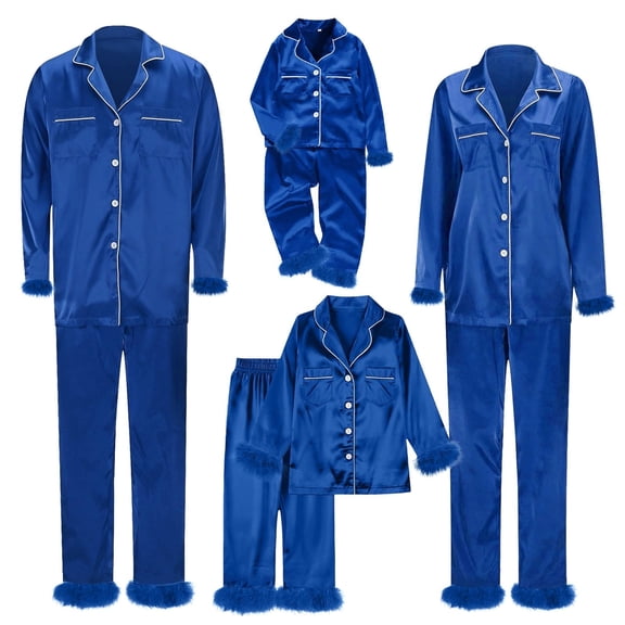 Loopsun Family Pajama Sets, Family Matching Soft Comfortable Long Sleeve Collared Shirt and Long Pants Pajama Loungewear for Mom Blue, XXXL