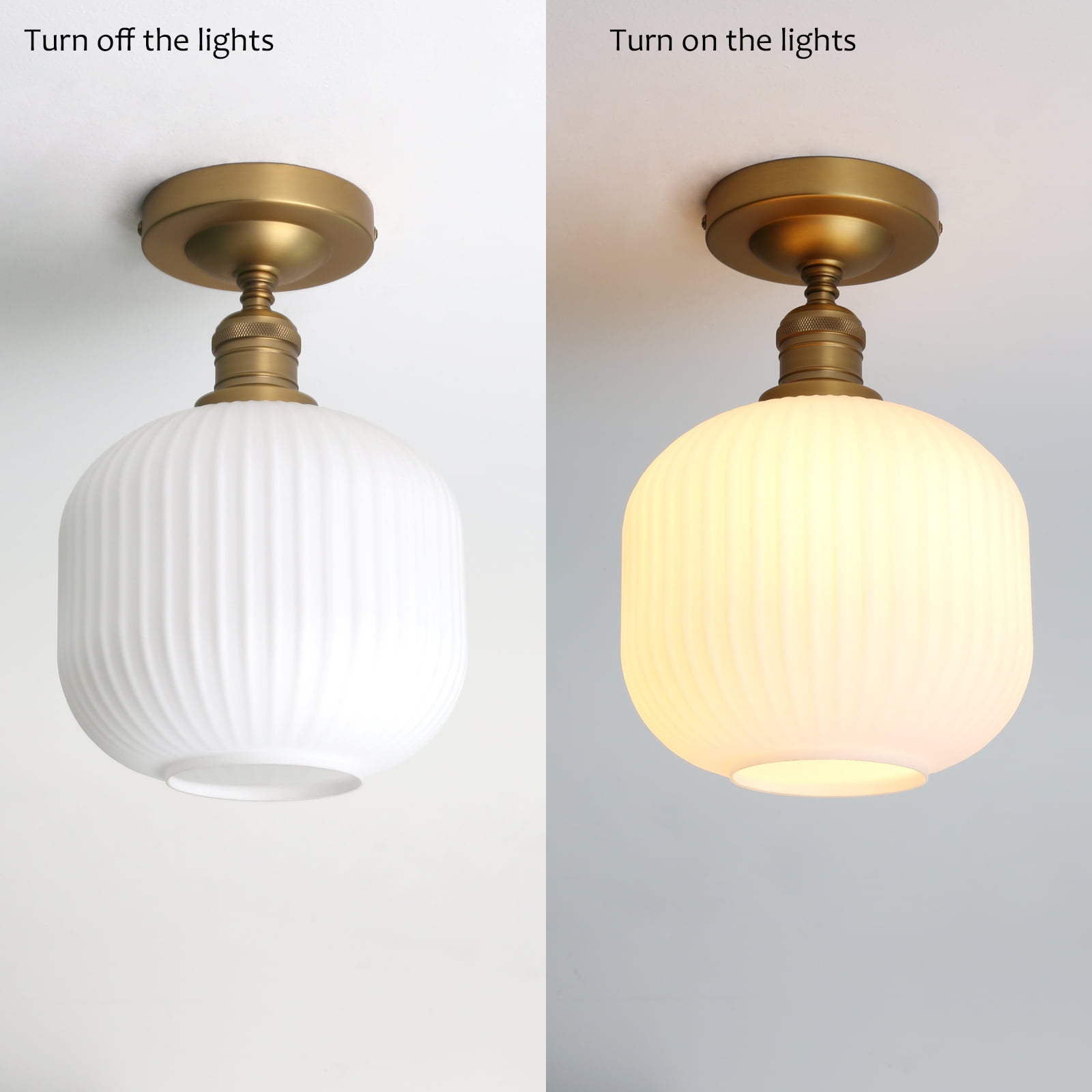 Pathson Industrial Semi Flush Mount Ceiling Light, Milky White Ribbed Glass Close to Ceiling Light for Living Room Dinning Room Kitchen Porch
