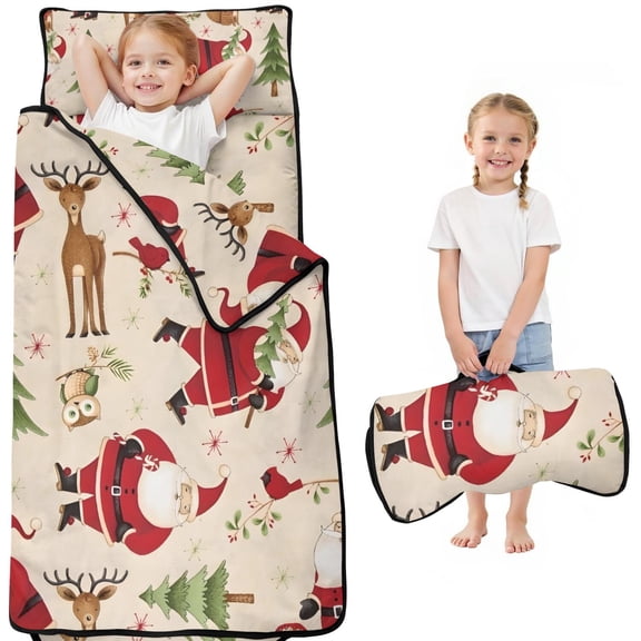 Beige Christmas Santa and Animal Pattern Toddler Nap Mats for Kids Preschool,50"x20" Sleeping Mat Bag or Kids,Toddler Sleeping Bag,Toddler Nap Mat or Daycare