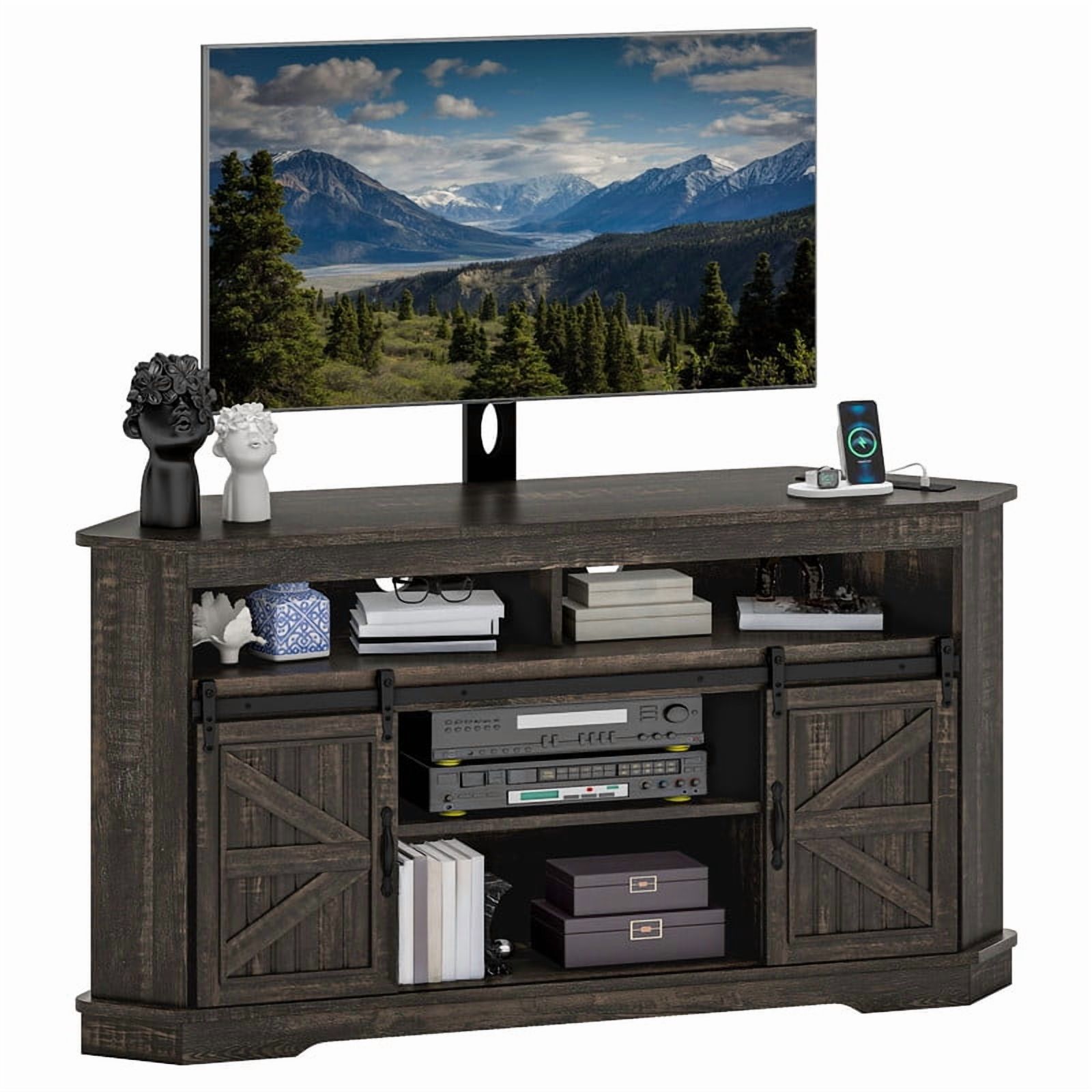 Uforic TV Stand for 70" TV with Mount, Farmhouse Entertainment Center with Power Outlets & Sliding Barn Doors, Dark Rustic Oak