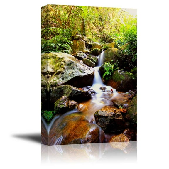 Beautiful Scenery Landscape Cascade Falls Over Mossy Rocks in The Forest - Canvas Art Wall Art - 24" x 16"