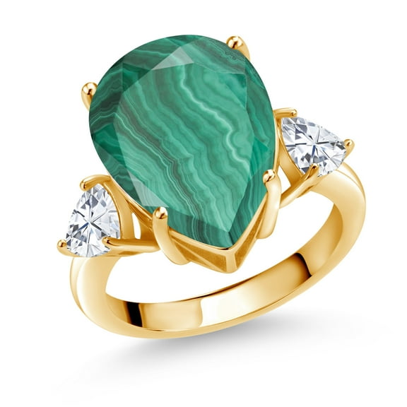 Gem Stone King 18K Yellow Gold Plated Silver 3-Stone Ring Pear Shape Green Malachite and Moissanite (10.94 Cttw, Size 8)