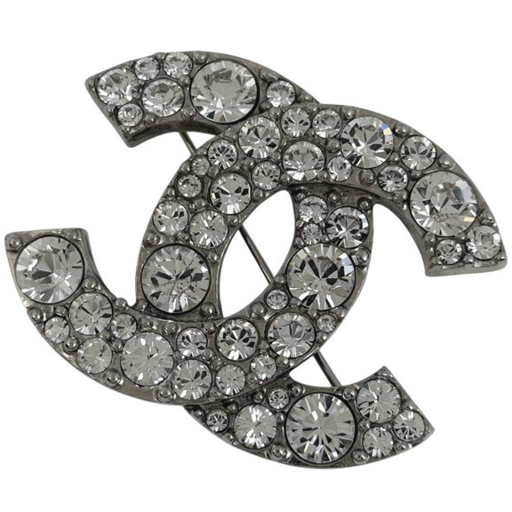 Pre-Owned Chanel Coco Mark Rhinestone Brooch, Silver Plated, Rhinestone, Silver, Women's
