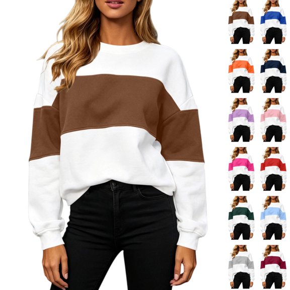 Seffadzy Women's Long Sleeve Sweatshirts Oversized Crewneck Color Block Pullover Top Casual Lightweight Tops Brown M