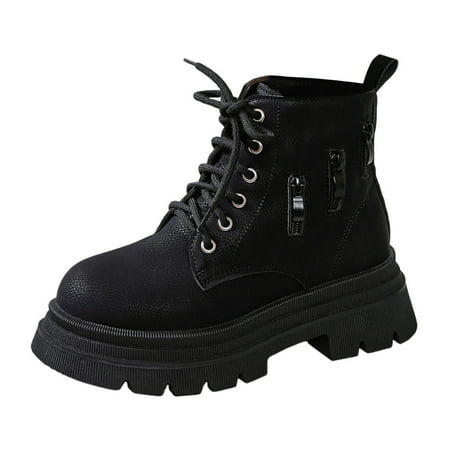 

SZXZYGS Boots for Women Ladies Fashion British Style Solid Leather Zipper Decoration Lace Up Thick Bottom Short Boots
