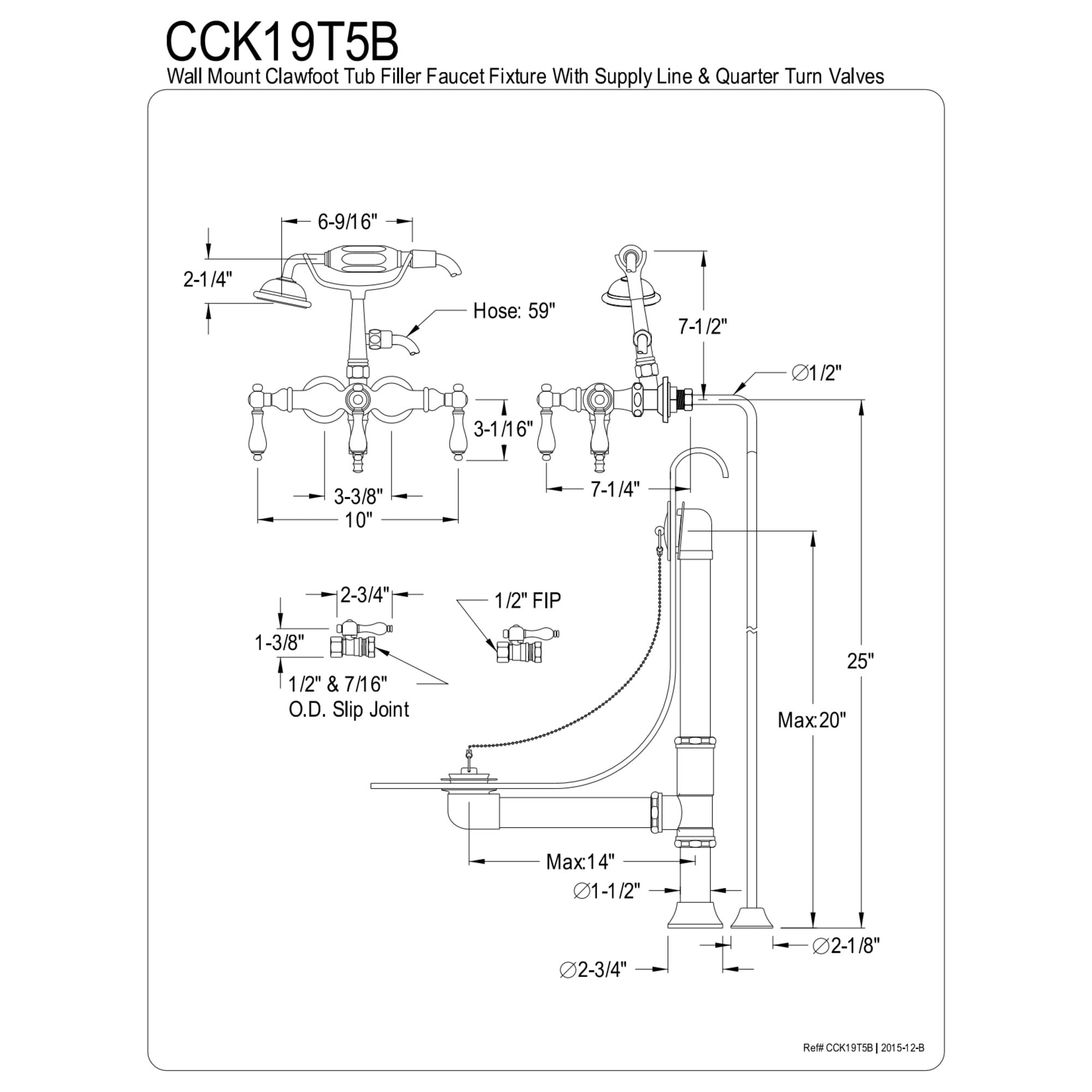 Kingston Brass CCK19T5B Vintage Wall Mount Clawfoot Tub Faucet Package with Supply Lines, Hand Shower and Tub Drain, Oil Rubbed Bronze