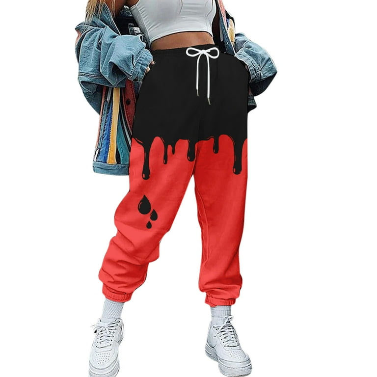 WANYNG women's pants Womens Sweatpants Lounge Baggy Cotton Casual Joggers  High Waist Pant Winter Clothing With Pockets Baggy Red L 
