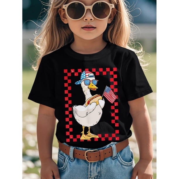4th of July Patriotic Youngsters Boys' T-Shirt - Cute American Goose with US Flag Fashion Glasses Graphic, Red White & Blue Checkered Print Short Sleeve Round Neck Casual Summer Top