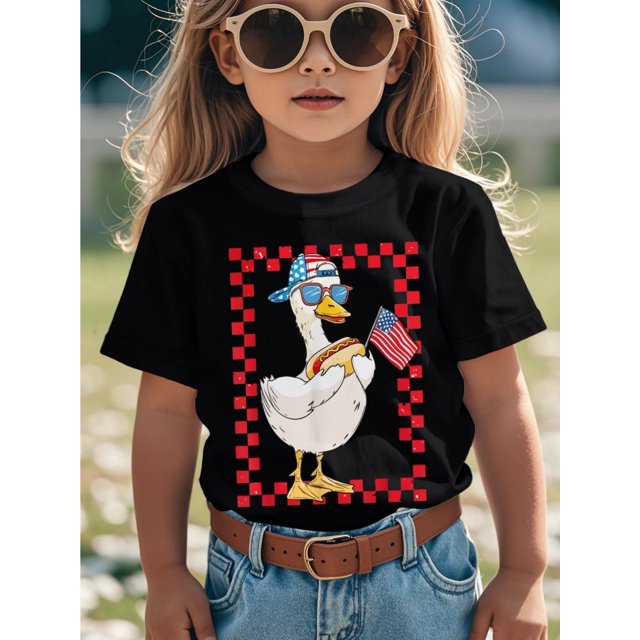4th of July Patriotic Youngsters Boys' T-Shirt - Cute American Goose with US Flag Fashion Glasses Graphic, Red White & Blue Checkered Print Short Sleeve Round Neck Casual Summer Top