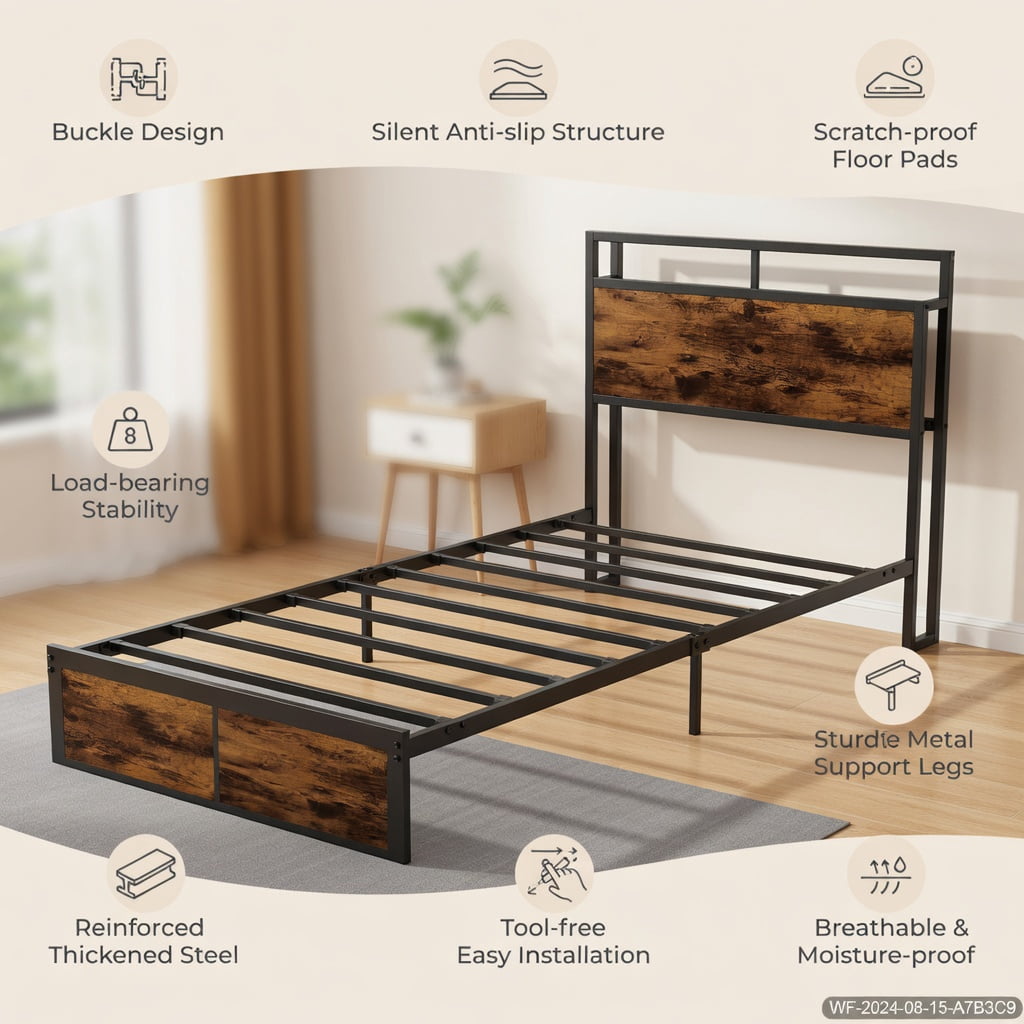 Demi Bonn Twin Size Bed Frame with Wooden Headboard and Footboard, Industrial Metal Platform Bed Frame with Under Bed Storage, No Box Spring Needed, Brown