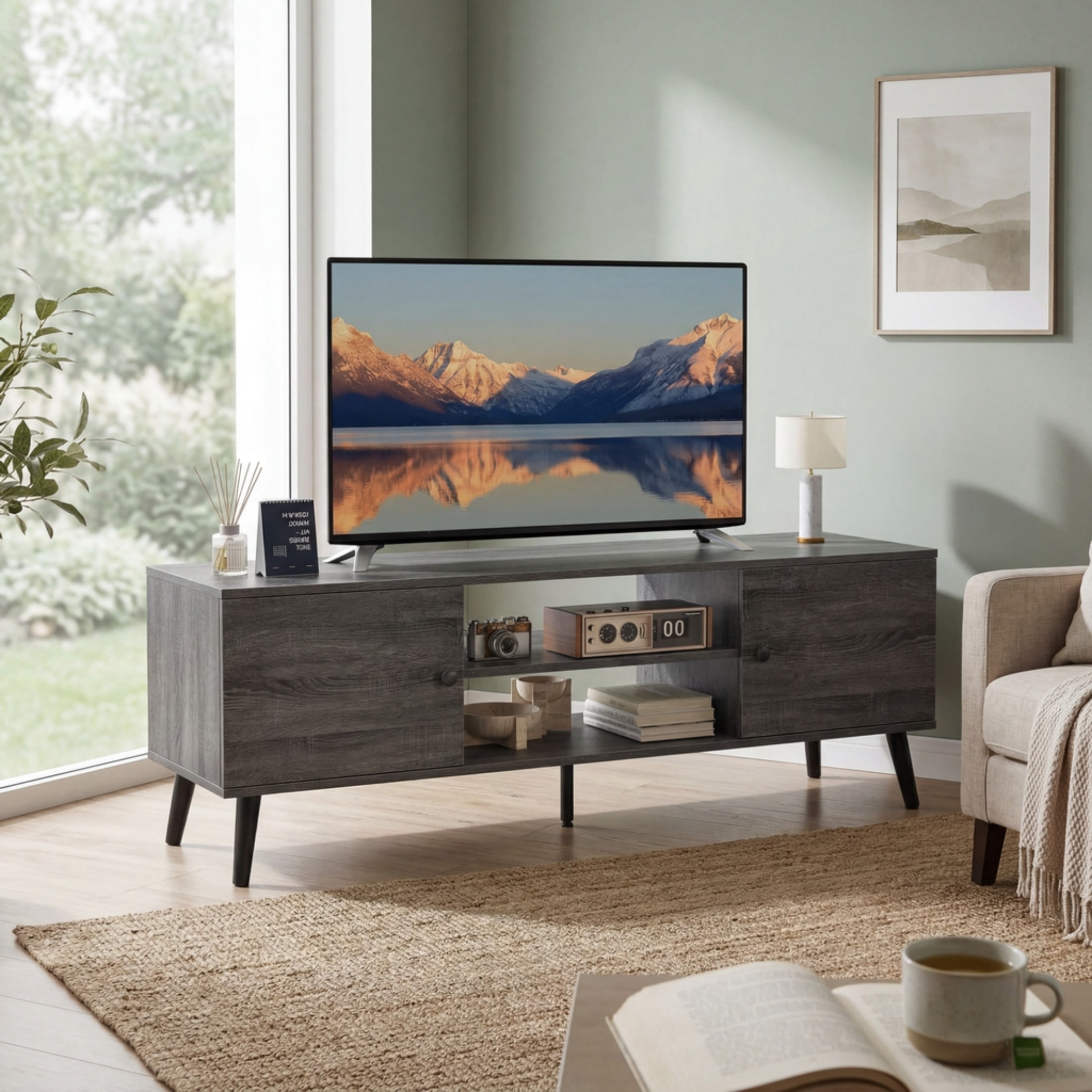CONCETTA Wood TV Stand with 2 Storage Cabinets, Modern Entertainment Center for TVs up to 60 inches, Media Console with Adjustable Shelves and Cable Management, Wooden Gray