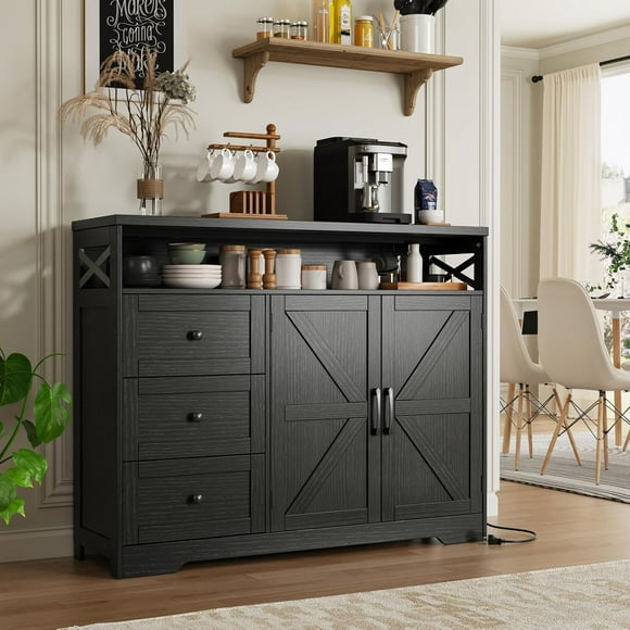 VEANERWOOD 47" Black Storage Cabinet with Drawers & Shelf, Farmhouse Sideboard Buffet Cabinet with Storage, Kitchen Pantry Cabinet, Coffee Bar Cabinet for Kitchen, Livingroom, Dining Room
