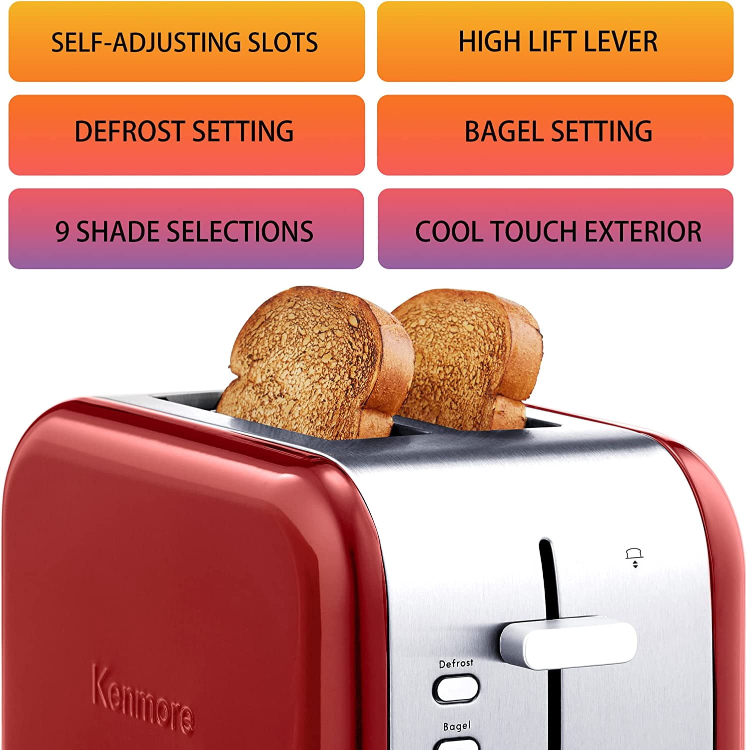 Kenmore 2-Slice Red Stainless Steel Toaster, Wide Slot, Bagel/Defrost