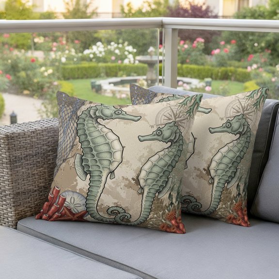 Outdoor Pillow Covers,Seahorses Starfish Summer Beach Decorative Throw Pillow Cover Waterproof Pillowcase Set of 2,Linen Cushion Case for Sofa Couch Bed 16x16 Inch,Marine Life