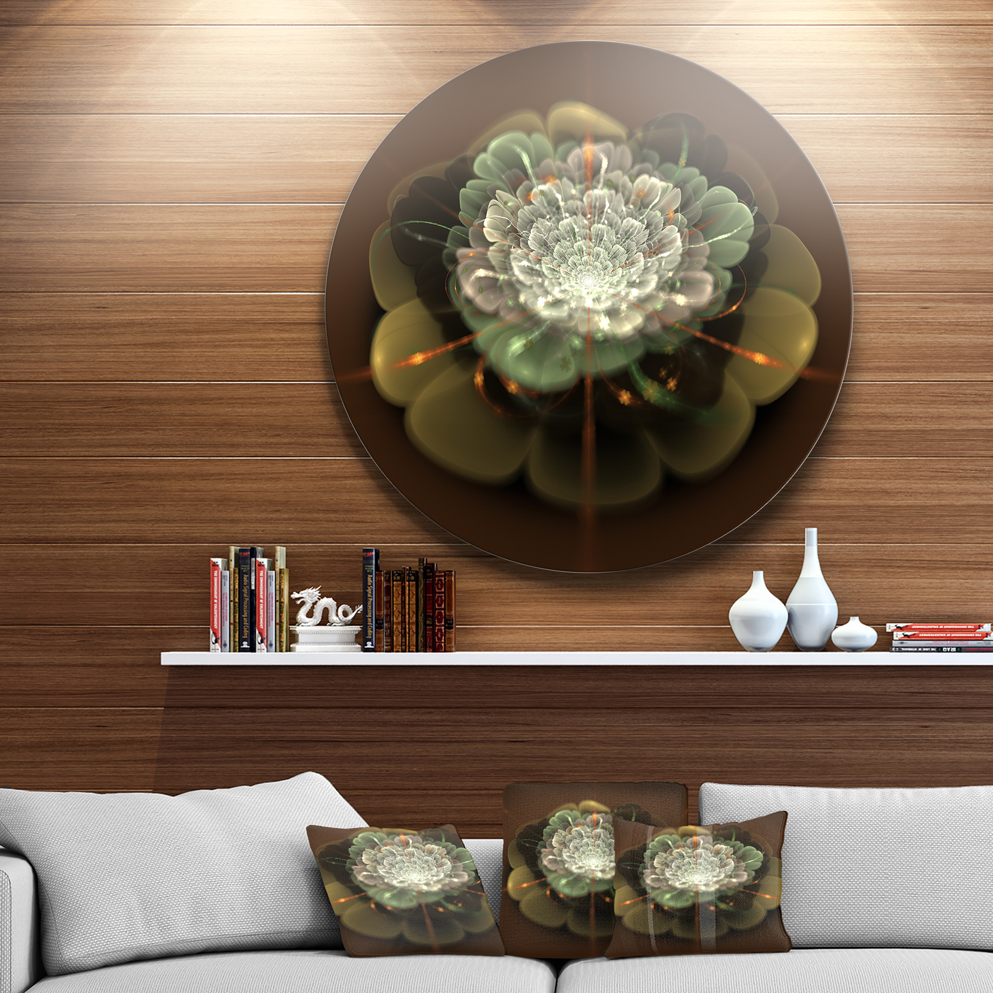 Designart 'White Fractal Flower on Brown' Disc Flower Artwork on Large Metal Circle Wall Art
