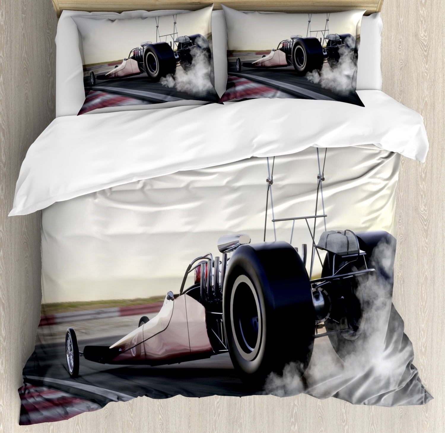 Cars Duvet Cover Set Queen Size, Dragster Racing down The Track with