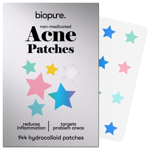 Parches hidrocoloides para acné BIOPURE – 144 parches de estrella para acné – Parches de espinillas de estrella y parche hidrocoloide para cara (colores surtidos en forma de estrella, 72 parches de 0.