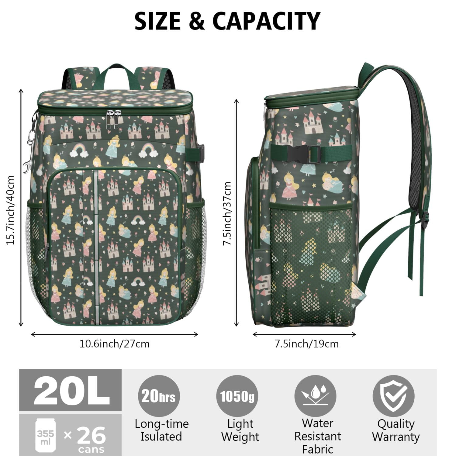 Travel Cooler Bag - Dark Green Princess Castle Rainbow Pattern Camping Beer Cooler Backpack with Bottle Opener- Waterproof Insulated Picnic Backpacks - Cooler Bag for Beach