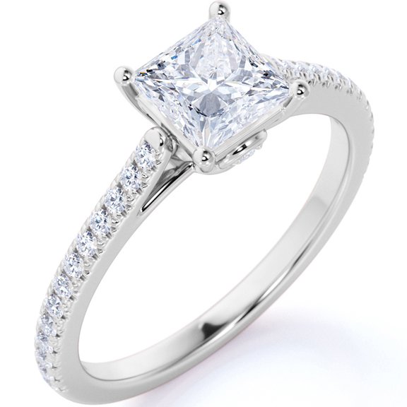 JeenMata Simple 1 Carat Princess Cut Moissanite - Pave Band - Flush Set Round Moissanite - Thin Band Wedding Ring in 18K White Gold over Silver