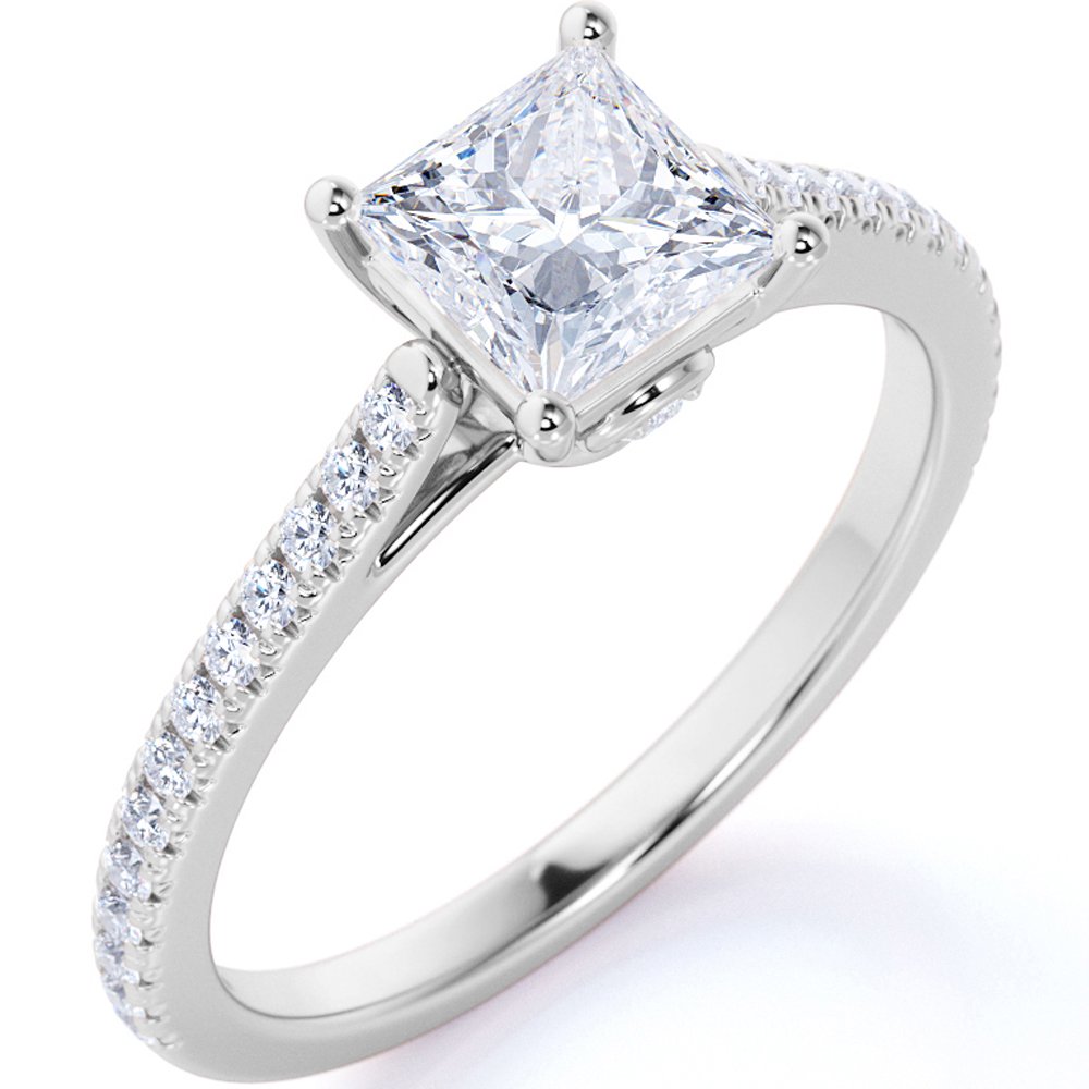 JeenMata Simple 1 Carat Princess Cut Moissanite - Pave Band - Flush Set Round Moissanite - Thin Band Wedding Ring in 18K White Gold over Silver