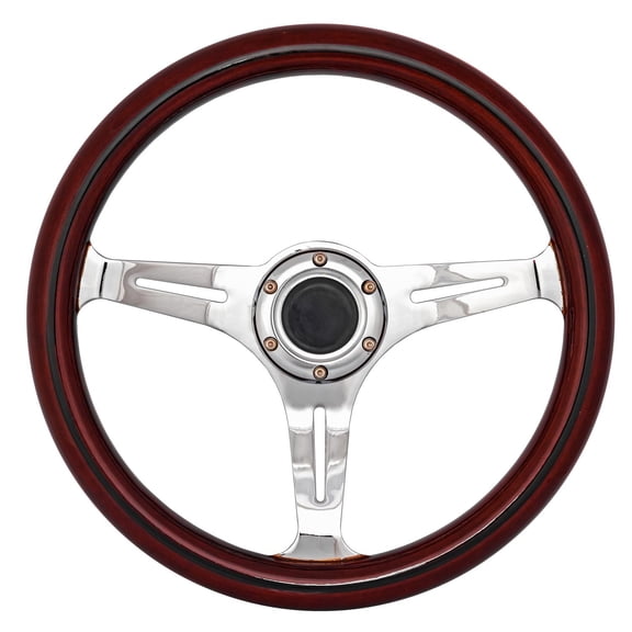JEGS Classic Wood Grain Steering Wheel, Chrome Slotted 3-Spoke [14 in. Diameter]