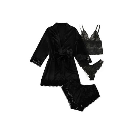 

Women Silk Satin 4pcs Sleepwear Lace Trim Cami Top Drawstring Shorts Belted Pajamas Set with Robe