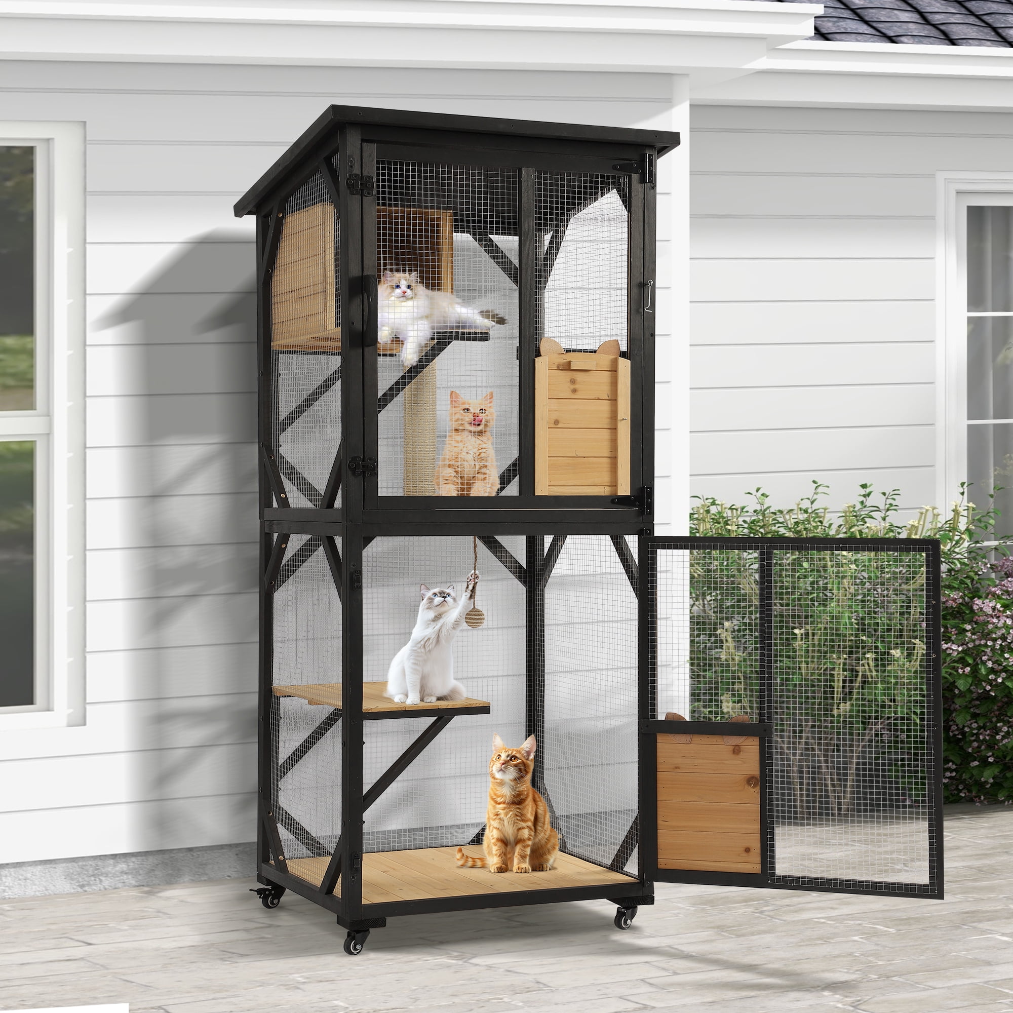 Magic Union Catio Outdoor Cat Enclosure, 4 Tiers Cat House with Waterproof Roof, Indoor Cat Cage with Wheels and Removable Floor, Large Outside Wood Cattio Kitty with Resting Box(Black)