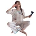 thumbnail image 3 of Pijama de seda helada de cuello redondo fino de verano para mujer, traje de pantalón de media manga con pintura de paisaje, ropa de casa que se puede usar al aire libre, 3 of 3