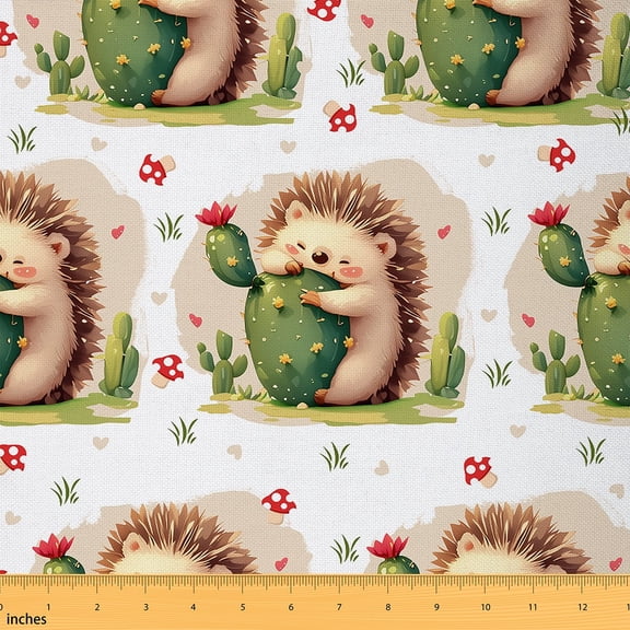 Homewish Cartoon Hedgehog Child Fabric by the Yard 1 Yard, Kawaii Mushroom Cactus Room Decor Fabric by the Yard, Plant Botanical Sewing Fabric, Luxury Bedroom Decor