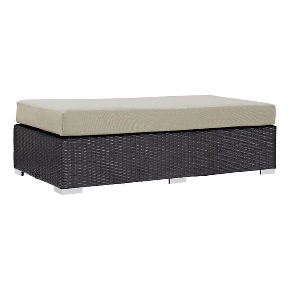 Bowery Hill Rectangle Fabric Rattan Patio Ottoman in Espresso/Beige