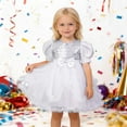 thumbnail image 2 of Wuxian Toddler Girls Bow Tutu Sequins Dress Short Puff Sleeve Round Neck High Waist Ruffles Tutu Dress Glitter Mesh Party Gown With Layered Dresses,White,4-5 Years, 2 of 7