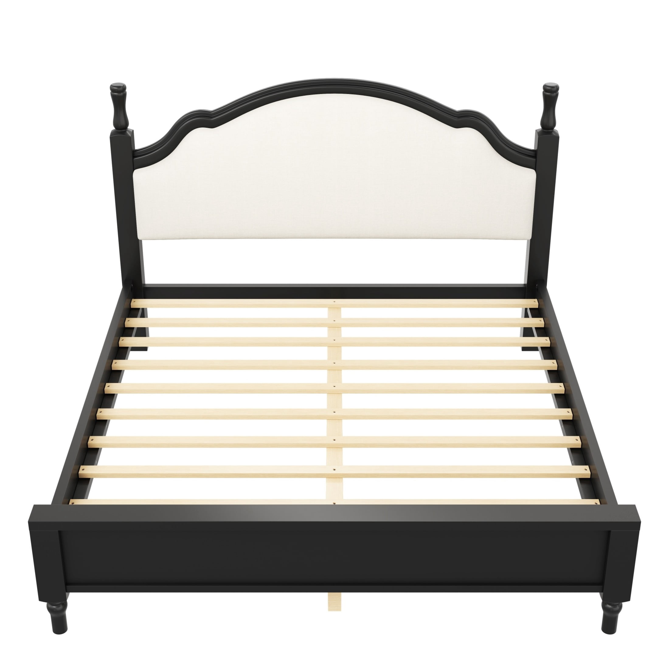 Noble House Caldon King Size Platform Bed, Pine Wood Frame with Curved Upholstered Headboard, Beige and Black