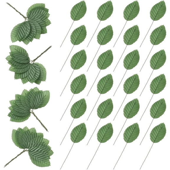 200Pcs Single Leaves Green Wired Leaf with Stem Decorative Artificial Silk Rose Flower Leaves for Crafts DIY Wreaths Garland Bouquets