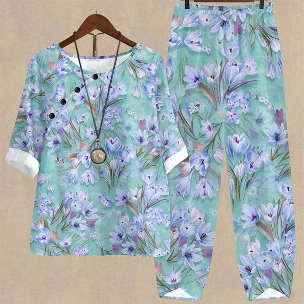Puntoco-Conjunto de traje de dos piezas para mujer, top corto con cuello redondo y pantalones informales, estampado de verano, liquidación Puntoco Puntoco-3461