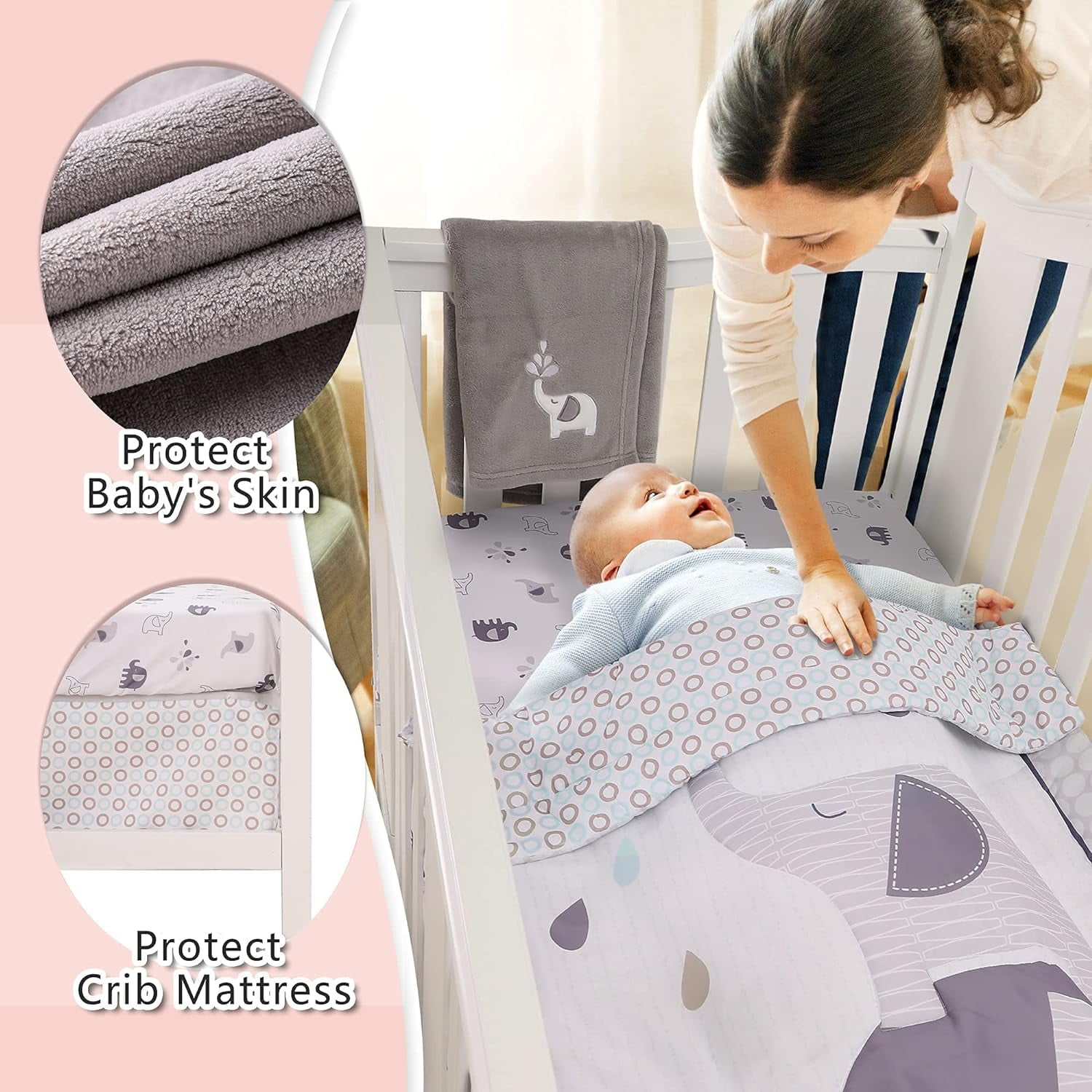 Sweet Baba Gray Elephant Crib Bedding Sets for Boys 4 Pcs, Baby Girls Set Included Comforter, Fitted Sheet, Crib Skirt & Blanket for Nursery Standard Size Neutral