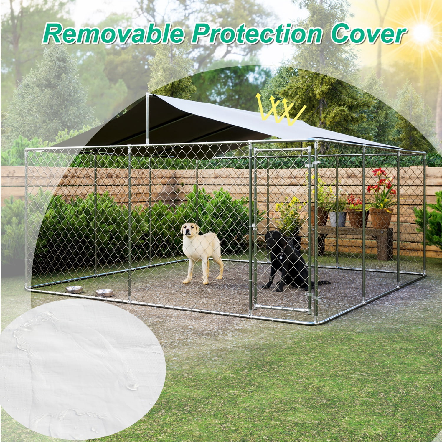 Large Outdoor Dog Kennel, Heavy Duty Galvanized Steel Dog Enclosure with Waterproof UV-Resistant Cover, Lockable Door Chain Link Playpen for Small to Large Pets (177.6" L x 177.6" W x 91.2" H)